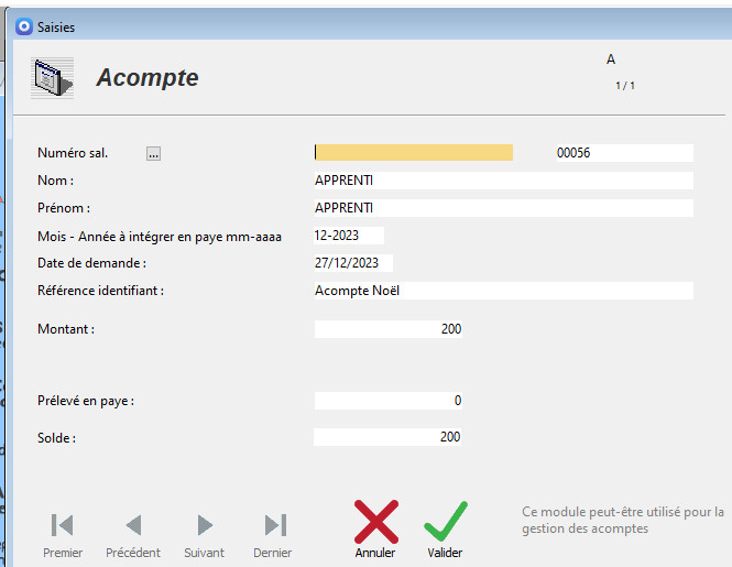 Procédure d'intégration d'un Acompte dans INTERPAYE Procédure d'intégration d'un Acompte dans INTERPAYE