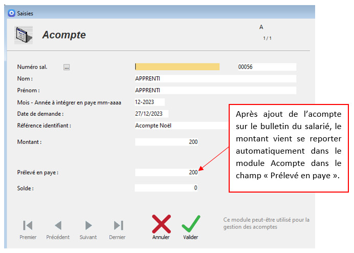 Procédure d'intégration d'un Acompte dans INTERPAYE