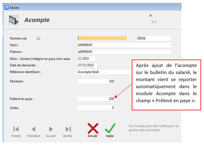Procédure d'intégration d'un Acompte dans INTERPAYE Procédure d'intégration d'un Acompte dans INTERPAYE